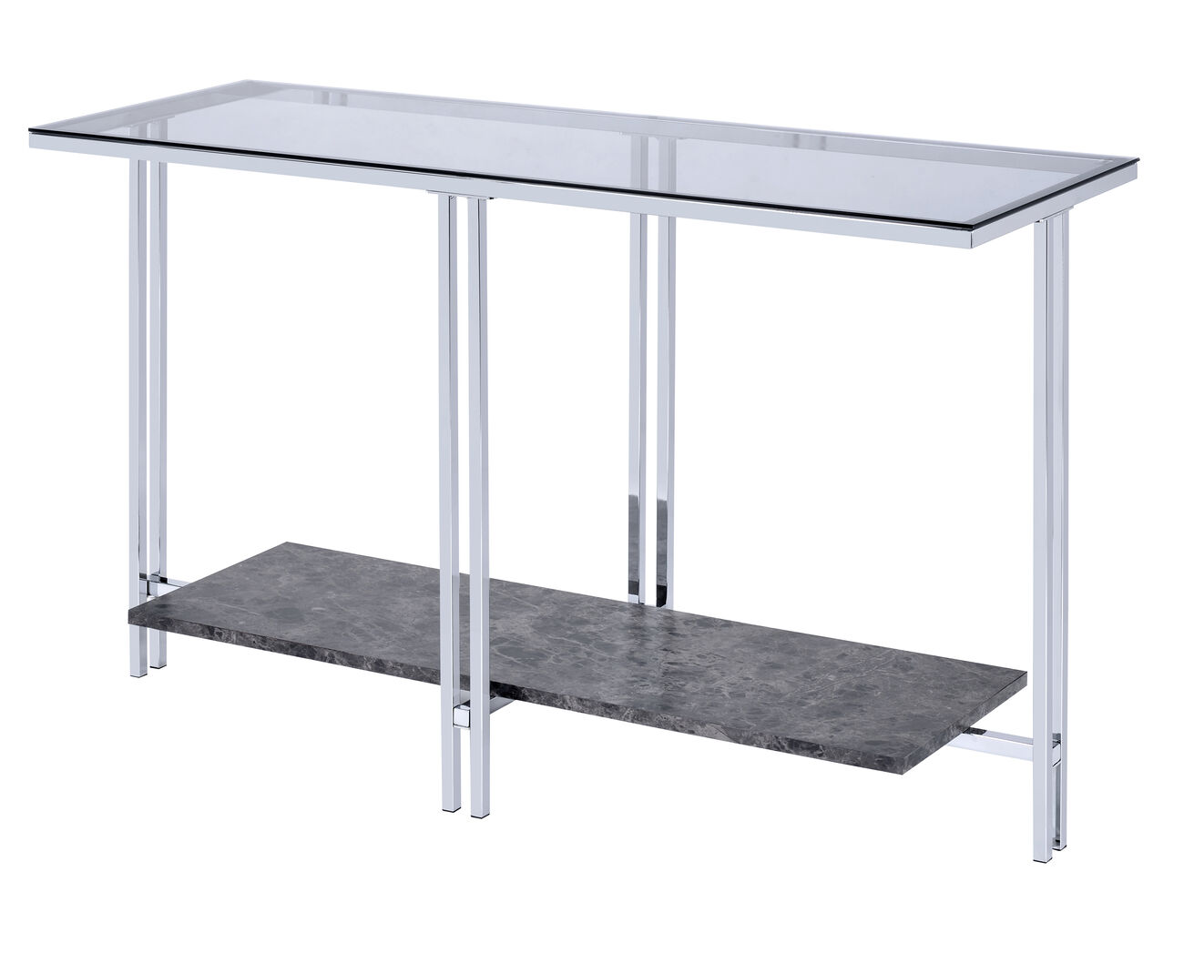 Glass Top Metal Sofa Table with Marble Bottom shelf, Silver and Clear