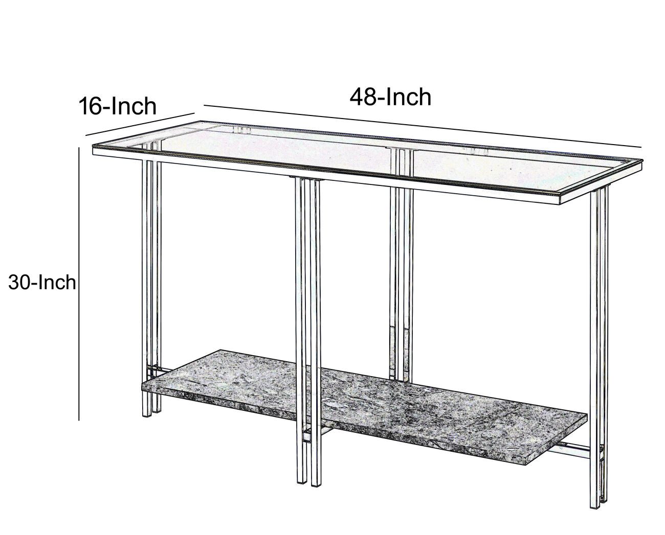 Glass Top Metal Sofa Table with Marble Bottom shelf, Silver and Clear