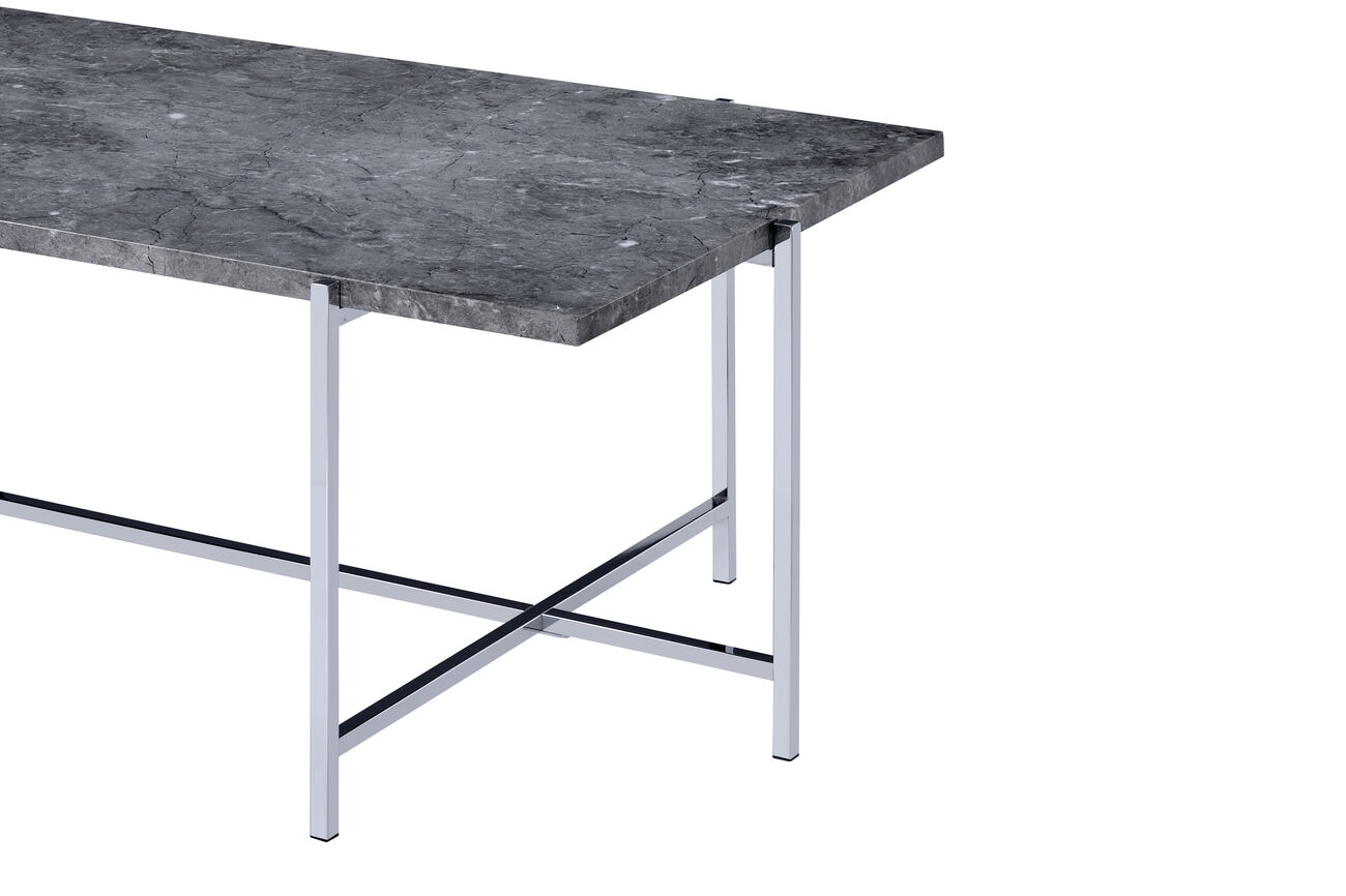 Marble Top Coffee Table with Trestle Base , Gray and Silver
