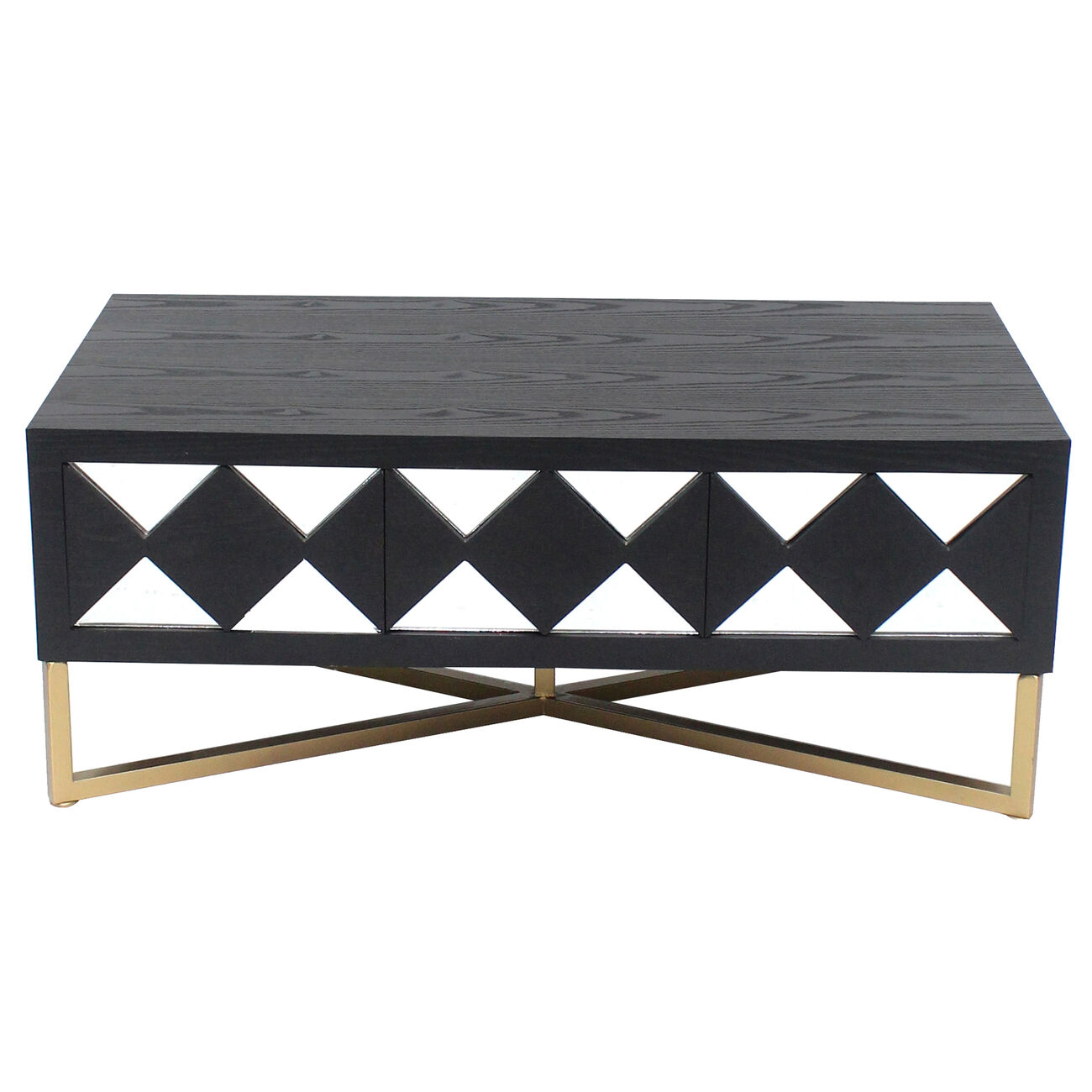 Wooden Coffee Table with 3 Drawers and X Shape Base, Black and Gold