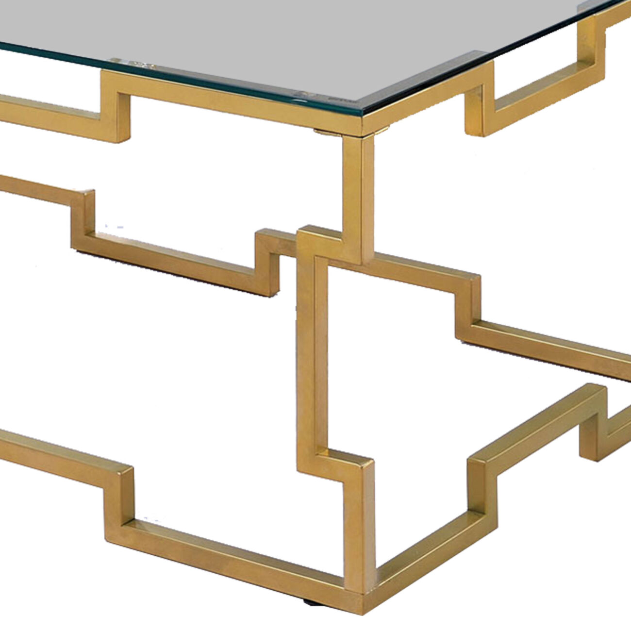 Metal Coffee Table with Geometric Structure Base, Gold and Clear