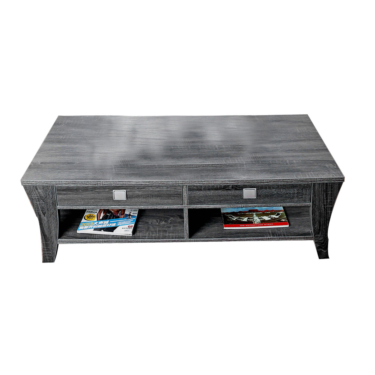 Low Rise Coffee Table with Drawers and Bottom Shelves, Gray