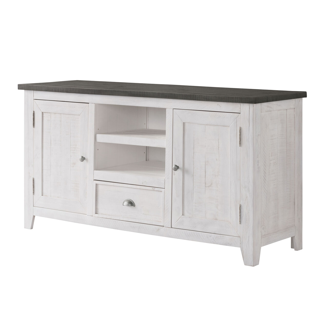Coastal Wooden TV Stand with 2 Cabinets and 1 Drawer, White and Gray