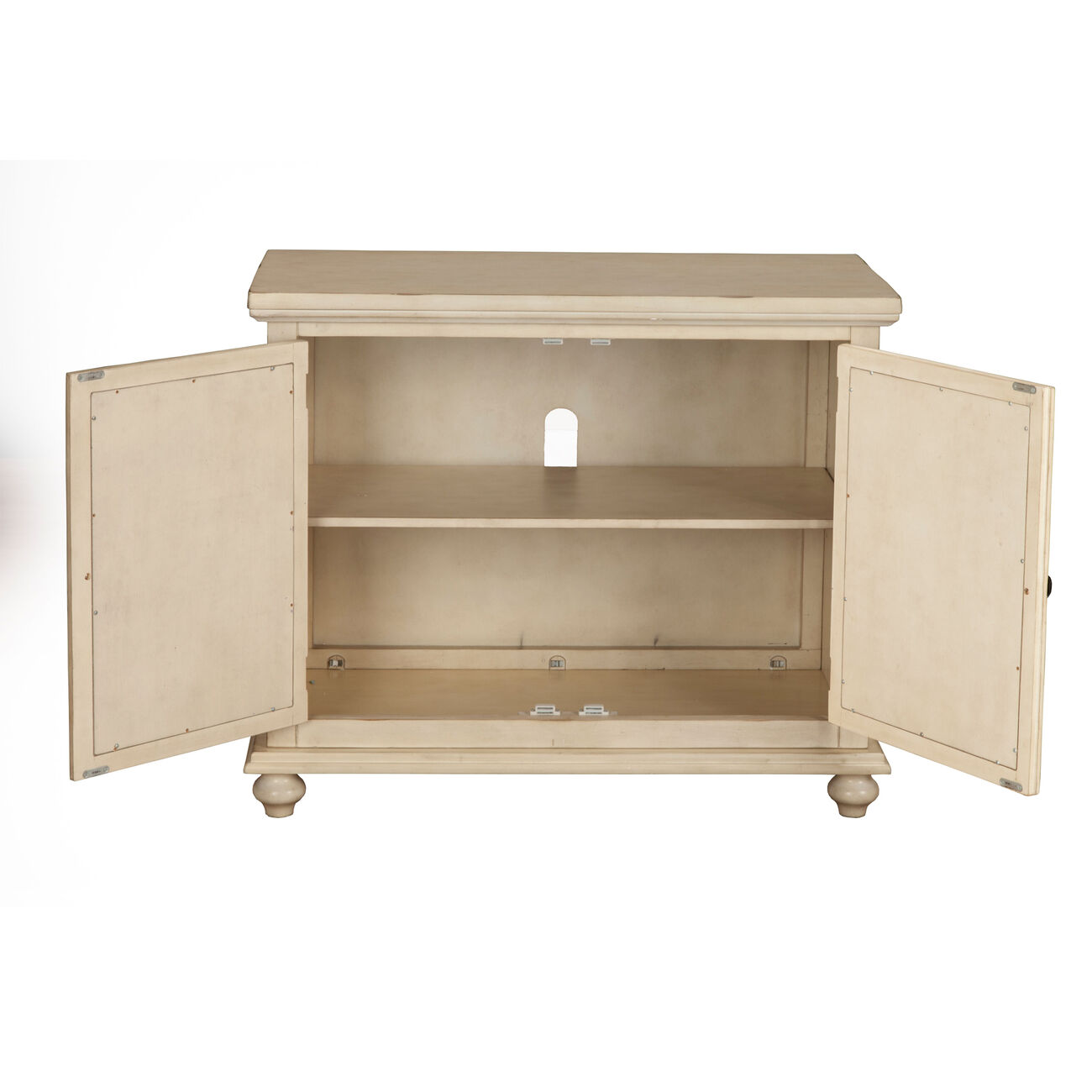 Transitional Wood and Glass TV Stand with Trellis Cabinet Front, Beige