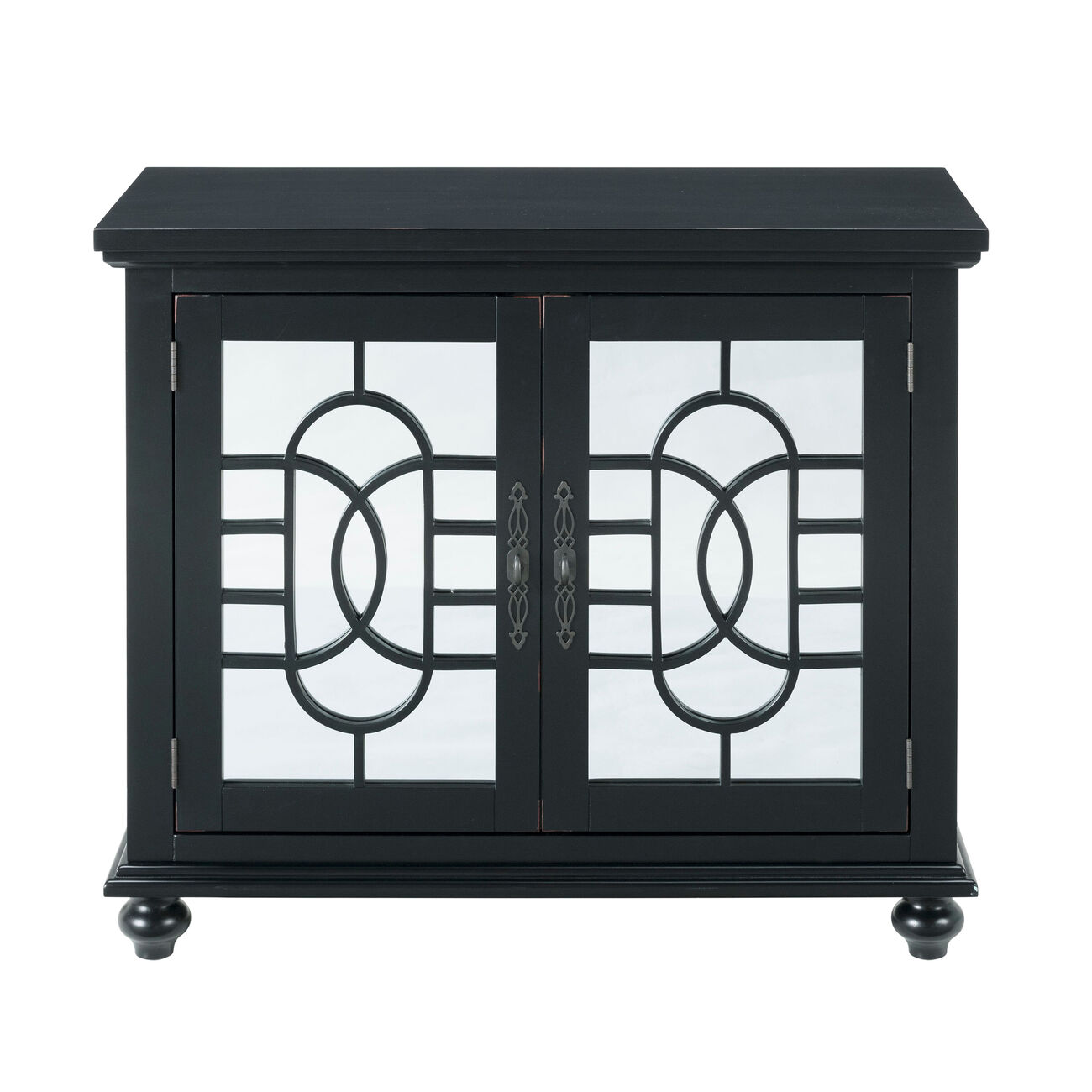Transitional Wood and Glass TV Stand with Trellis Cabinet Front, Black