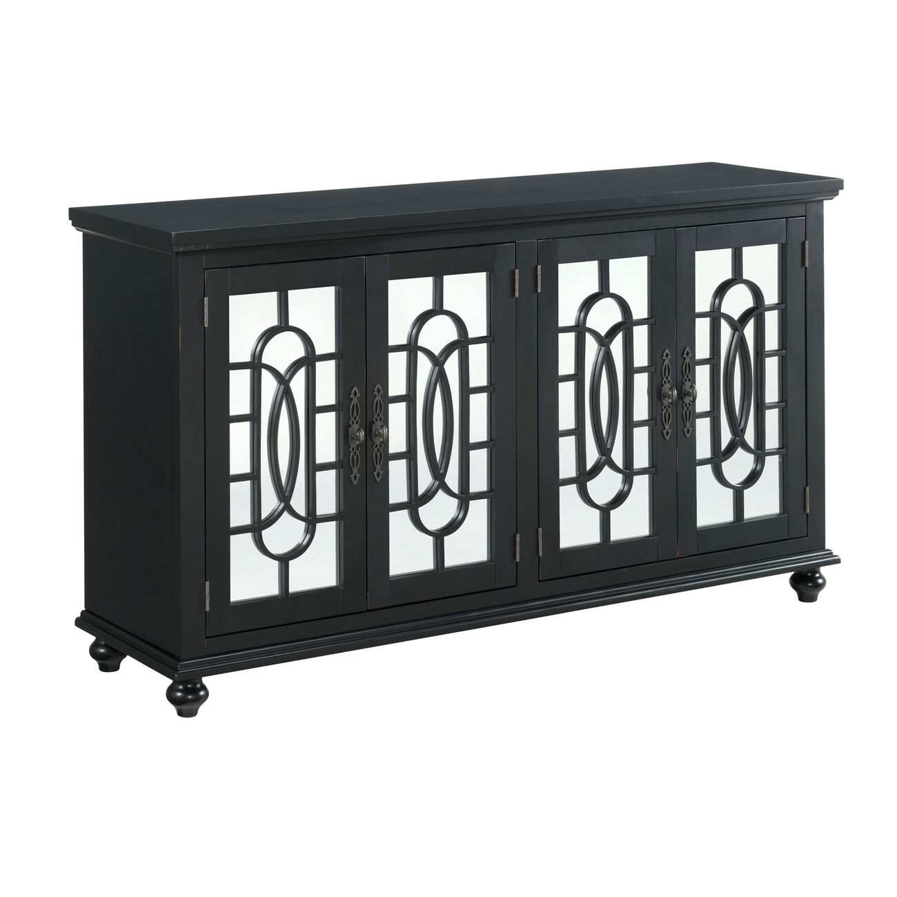 Trellis Front Wood and Glass TV stand with Cabinet Storage, Black