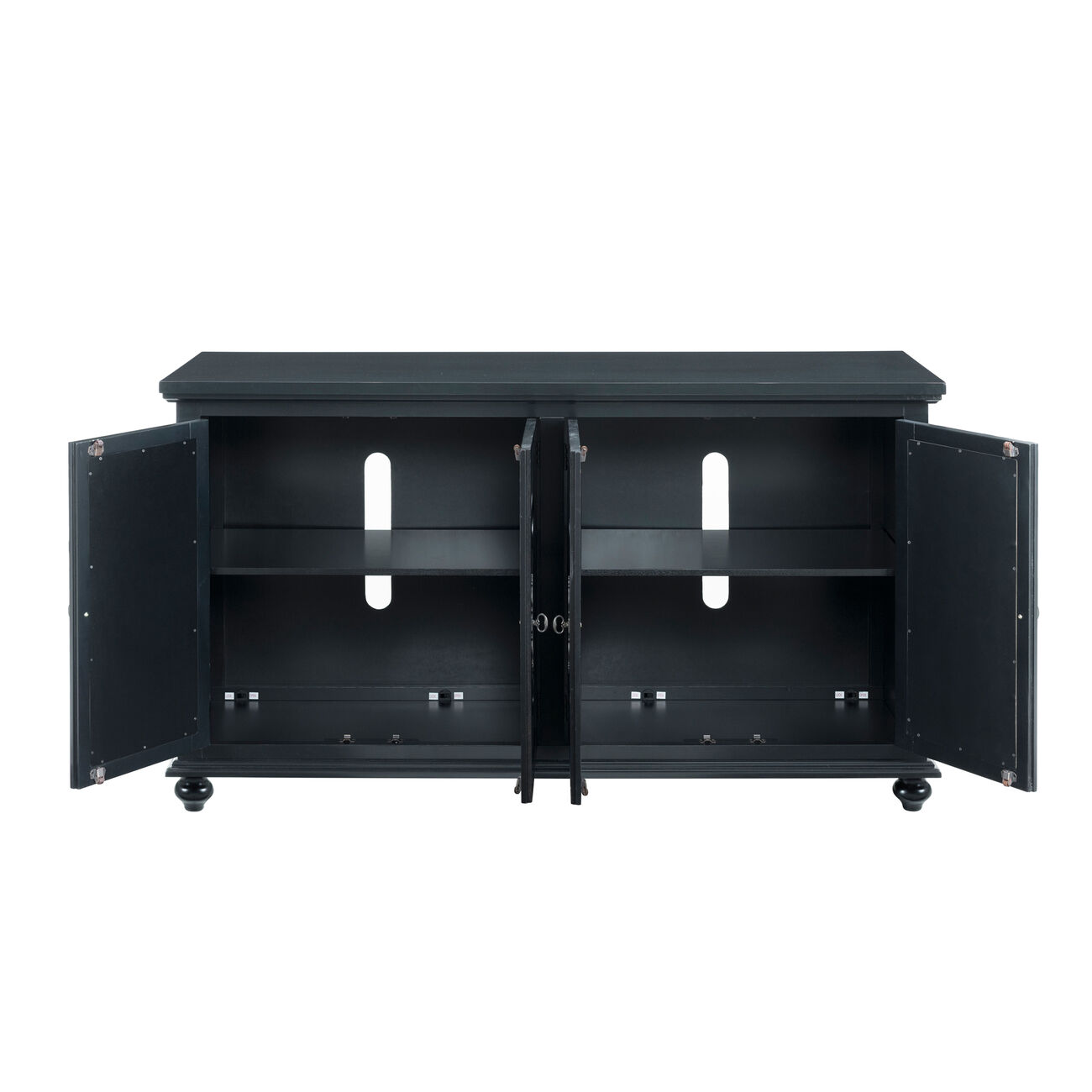 Trellis Front Wood and Glass TV stand with Cabinet Storage, Black
