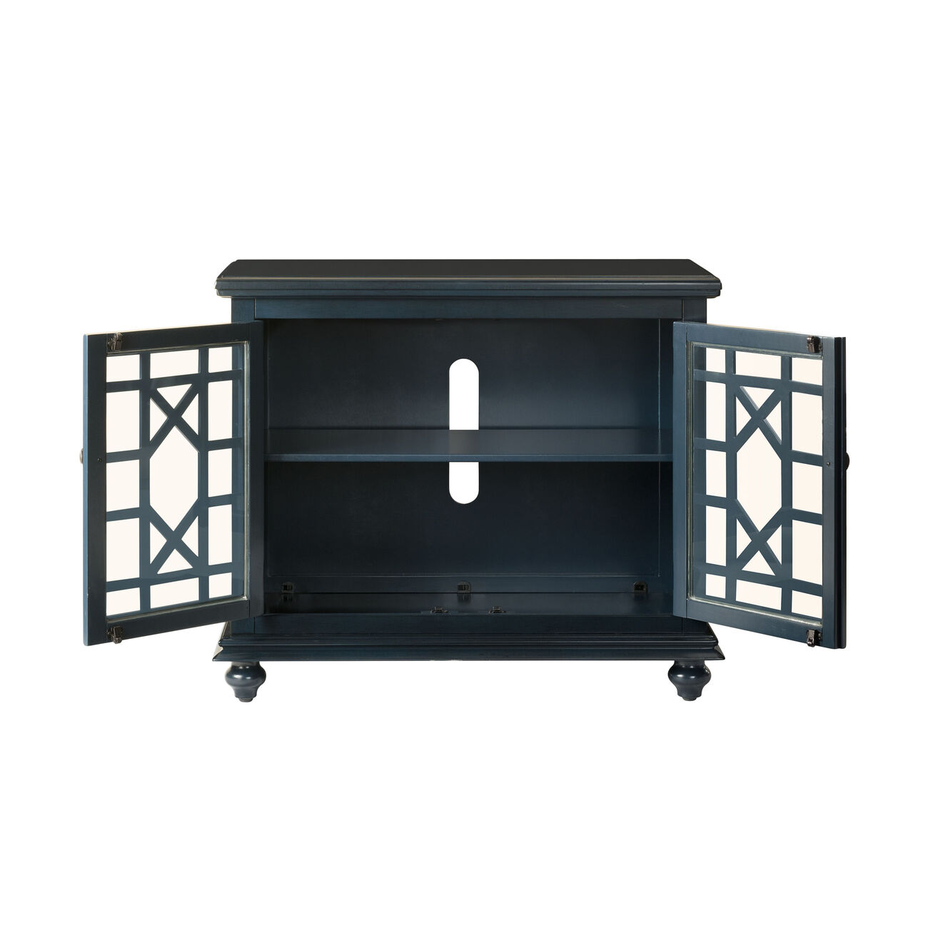 Transitional Wood and Glass TV Stand with Trellis Cabinet Front, Dark Blue