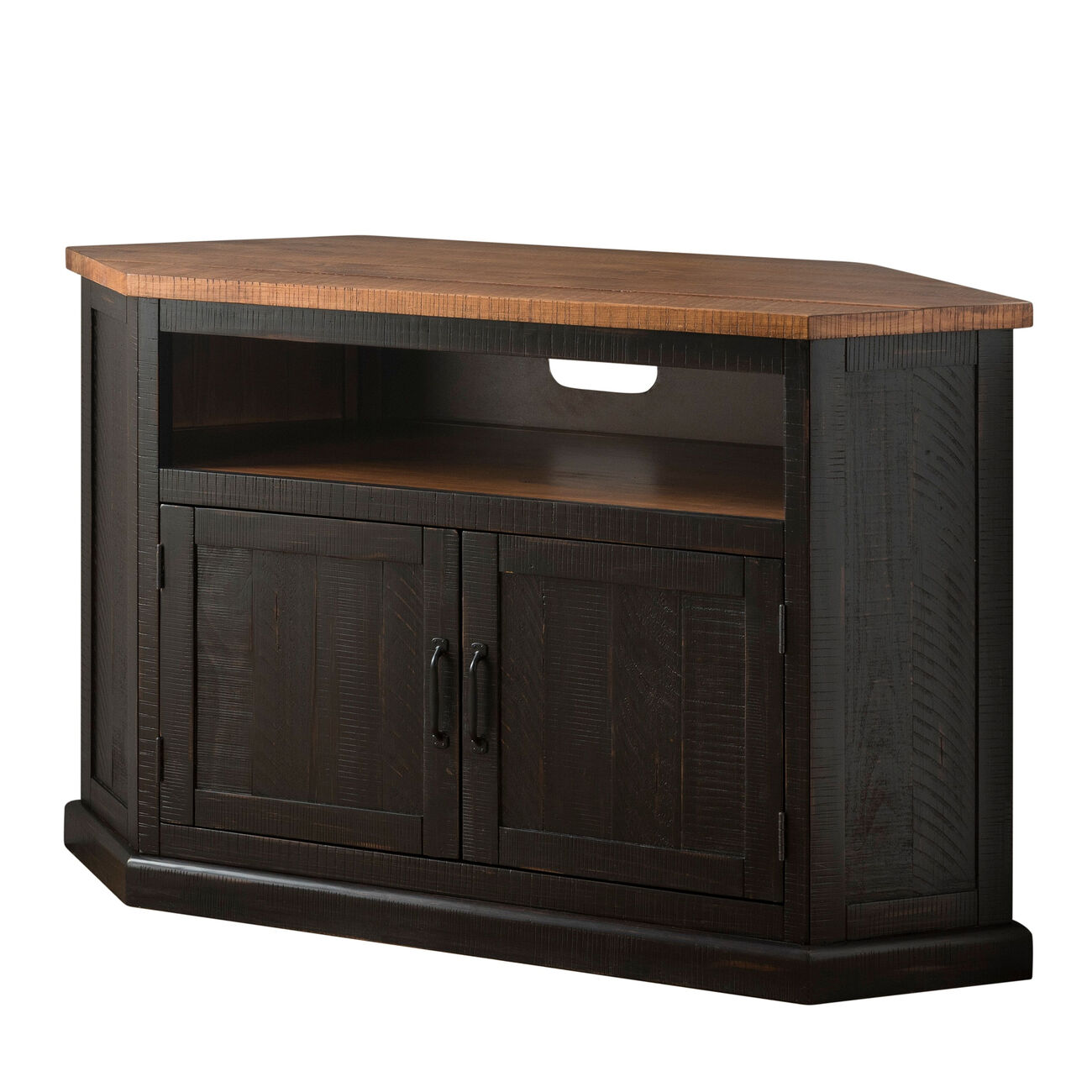 Rustic Style Wooden Corner TV Stand with 2 Door Cabinet, Brown
