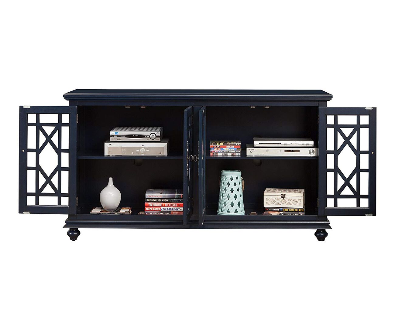 Wooden TV Stand With Trellis Detailed Doors, Blue