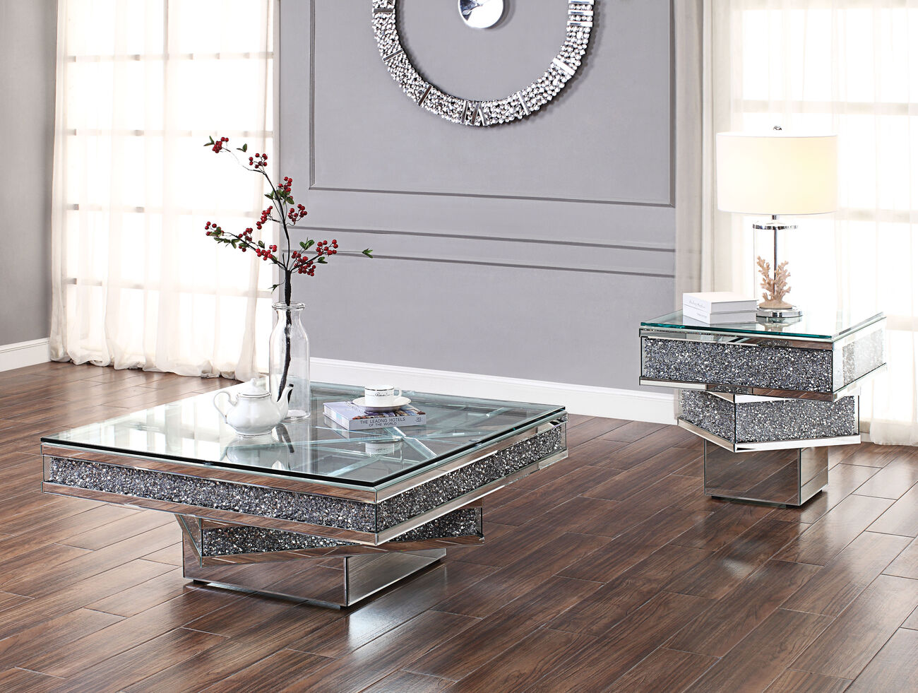 Wood and Mirror Coffee Table with Tier Design, Clear