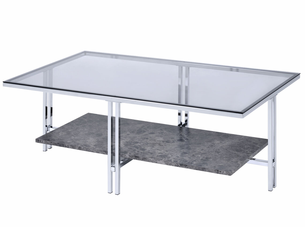 Coffee Table with Metal Leg Base and Open Shelf, Silver and Clear