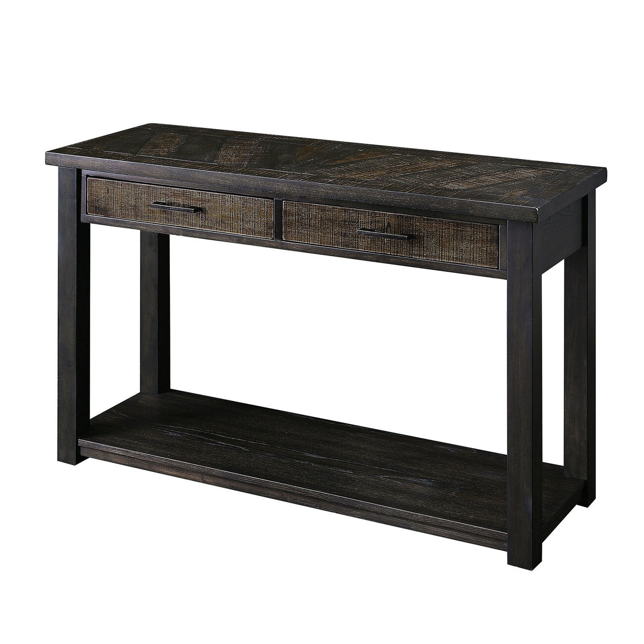 2 Drawer Rustic Style Plank Top Sofa Table with Open Shelf, Dark Oak