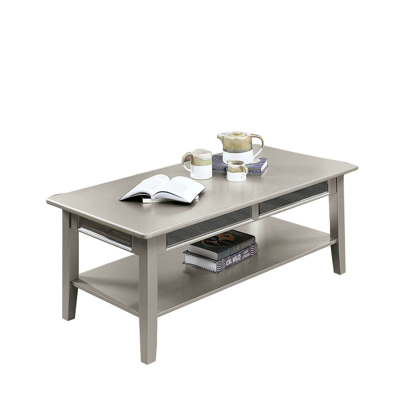 Transitional Coffee Table with Mirror Insert and Open Bottom Shelf, Silver
