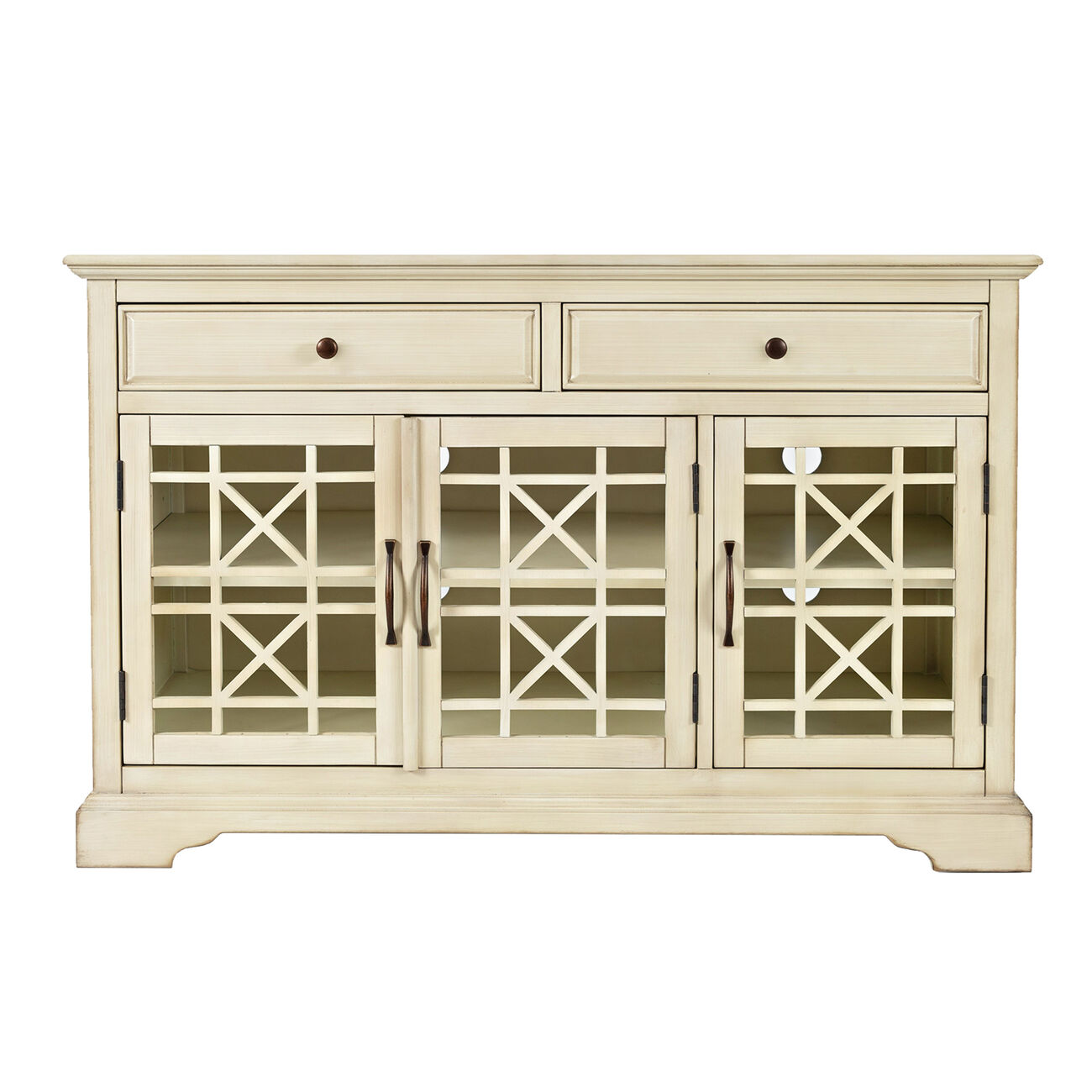 Wooden Media Unit with 2 Drawers and 3 Doors with X Motif Details, Cream 