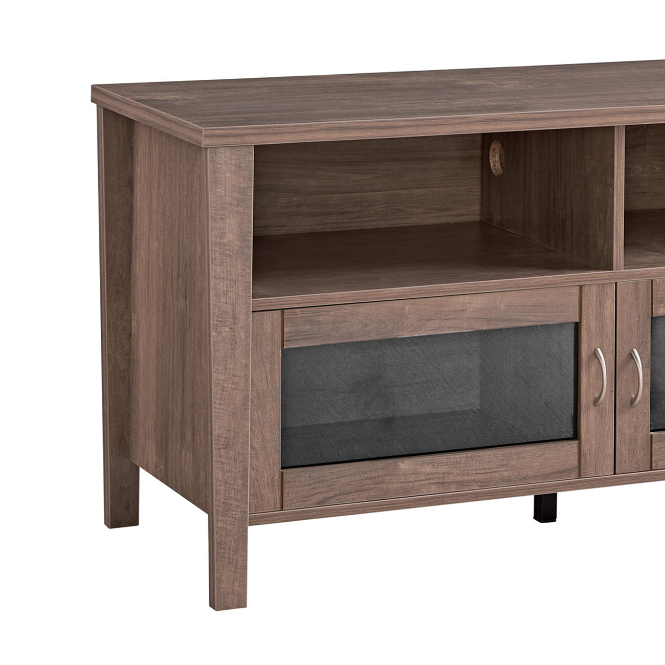 Wooden TV Stand with 2 Open Shelves and 2 Door Cabinets, Walnut Oak