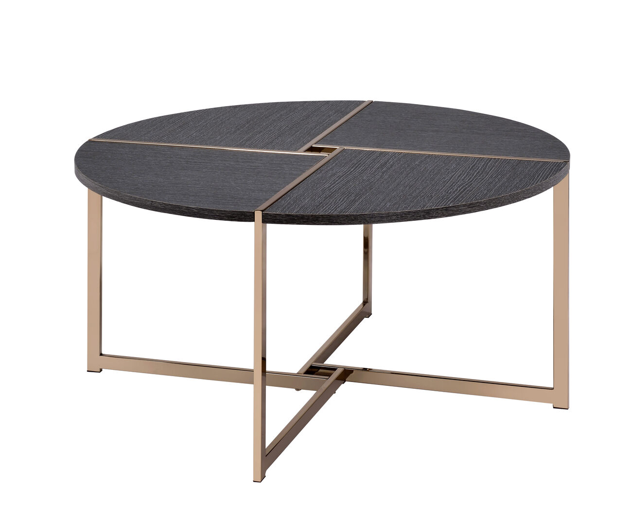 Coffee Table with X Shaped Metal Base and Round Wooden Top, Gold and Gray