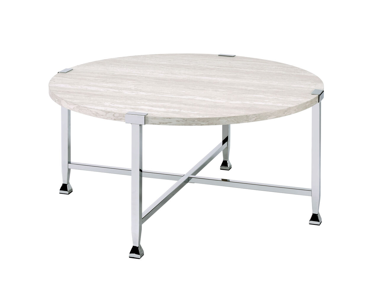 Coffee Table with X Shaped Metal Base and Round Wooden Top,Silver and Beige