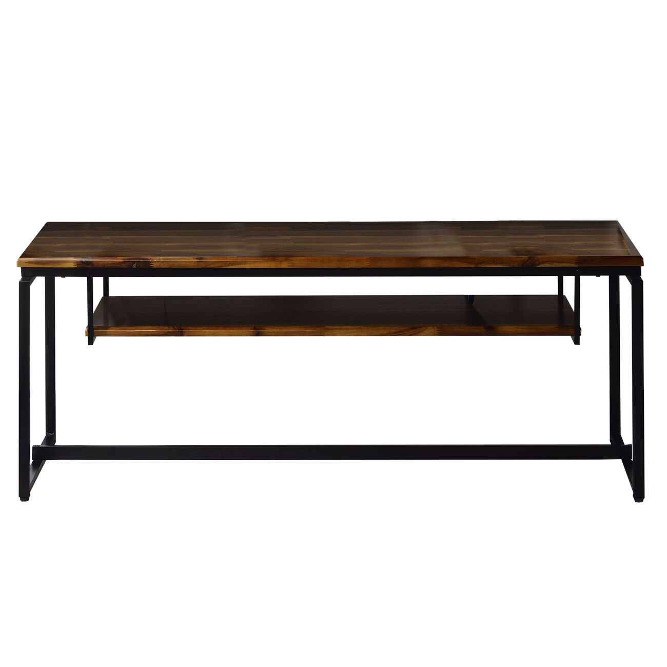Metal TV Stand  Wooden Tabletop with and Open Shelf, Black and Brown
