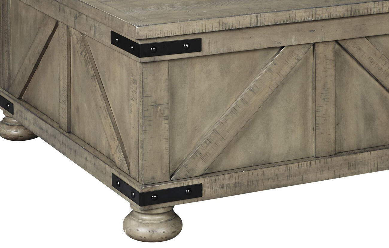Farmhouse Cocktail Table with Lift Top Storage and Crossbuck details, Gray