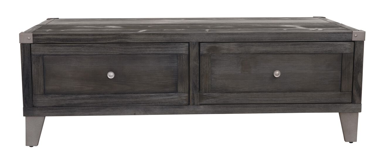 Wooden Lift Top Cocktail Table with 2 Drawers and Metal Accents, Gray
