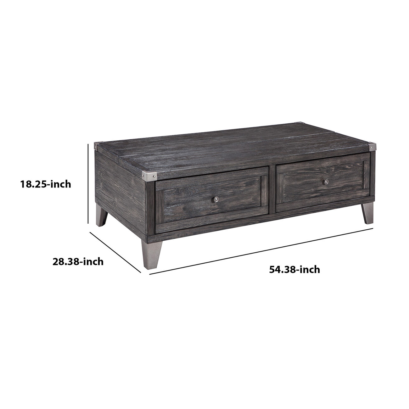 Wooden Lift Top Cocktail Table with 2 Drawers and Metal Accents, Gray