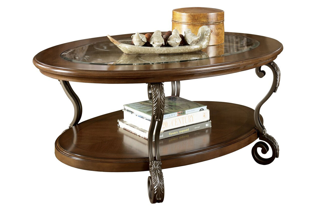 Wooden Oval Cocktail Table with Glass Top and Open Bottom Shelf, Brown