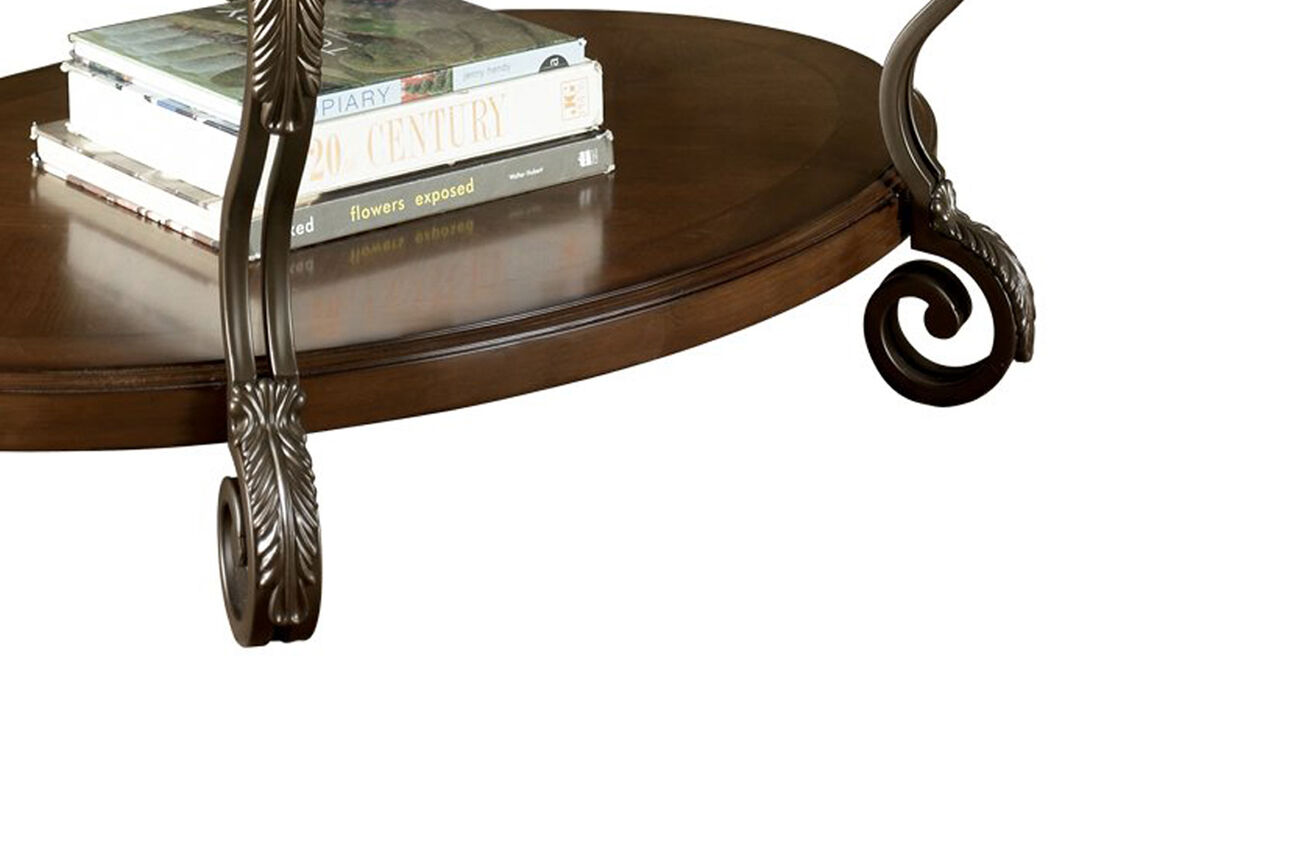 Wooden Oval Cocktail Table with Glass Top and Open Bottom Shelf, Brown