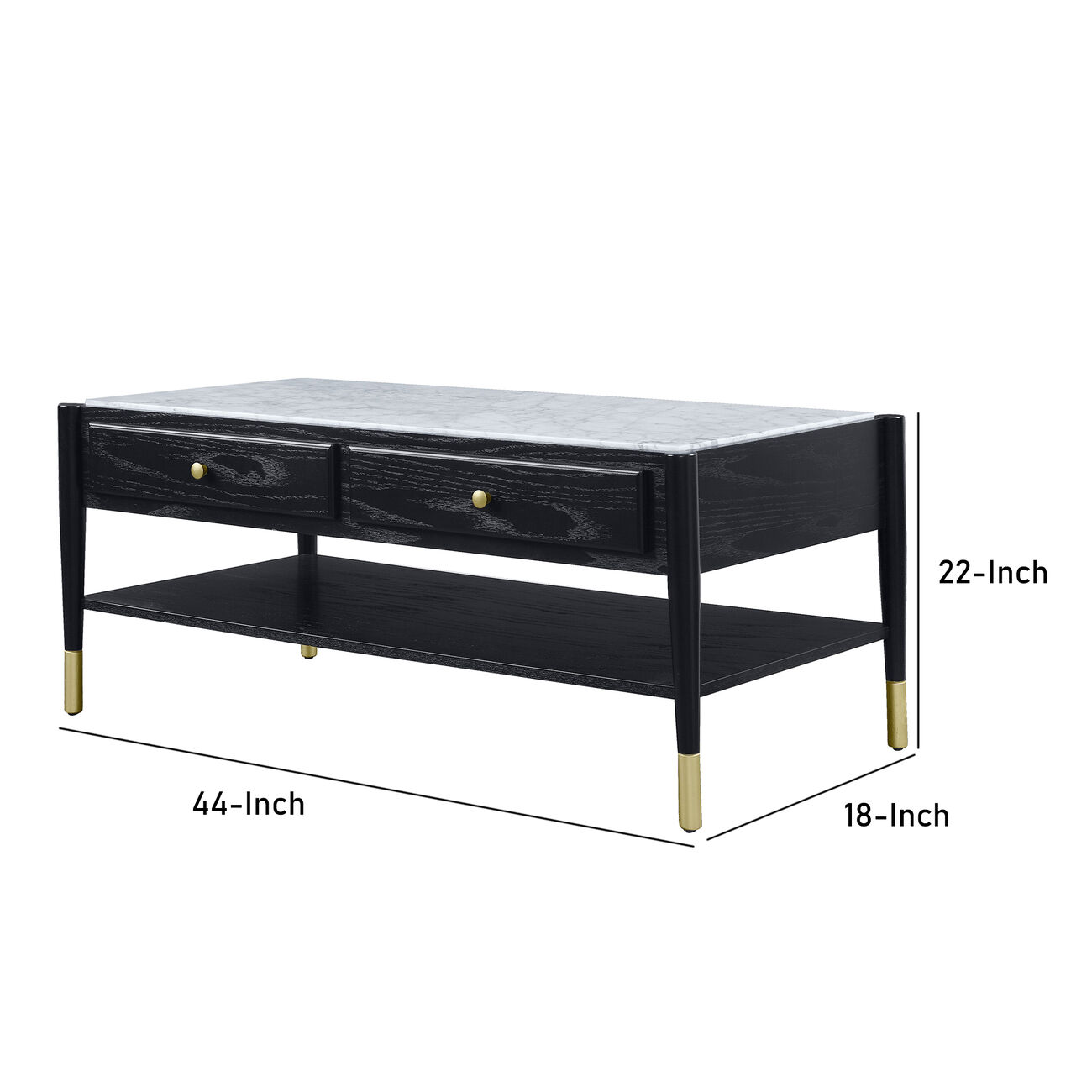 Marble Top Coffee Table with 2 Drawers and 1 Bottom Shelf, Black and White