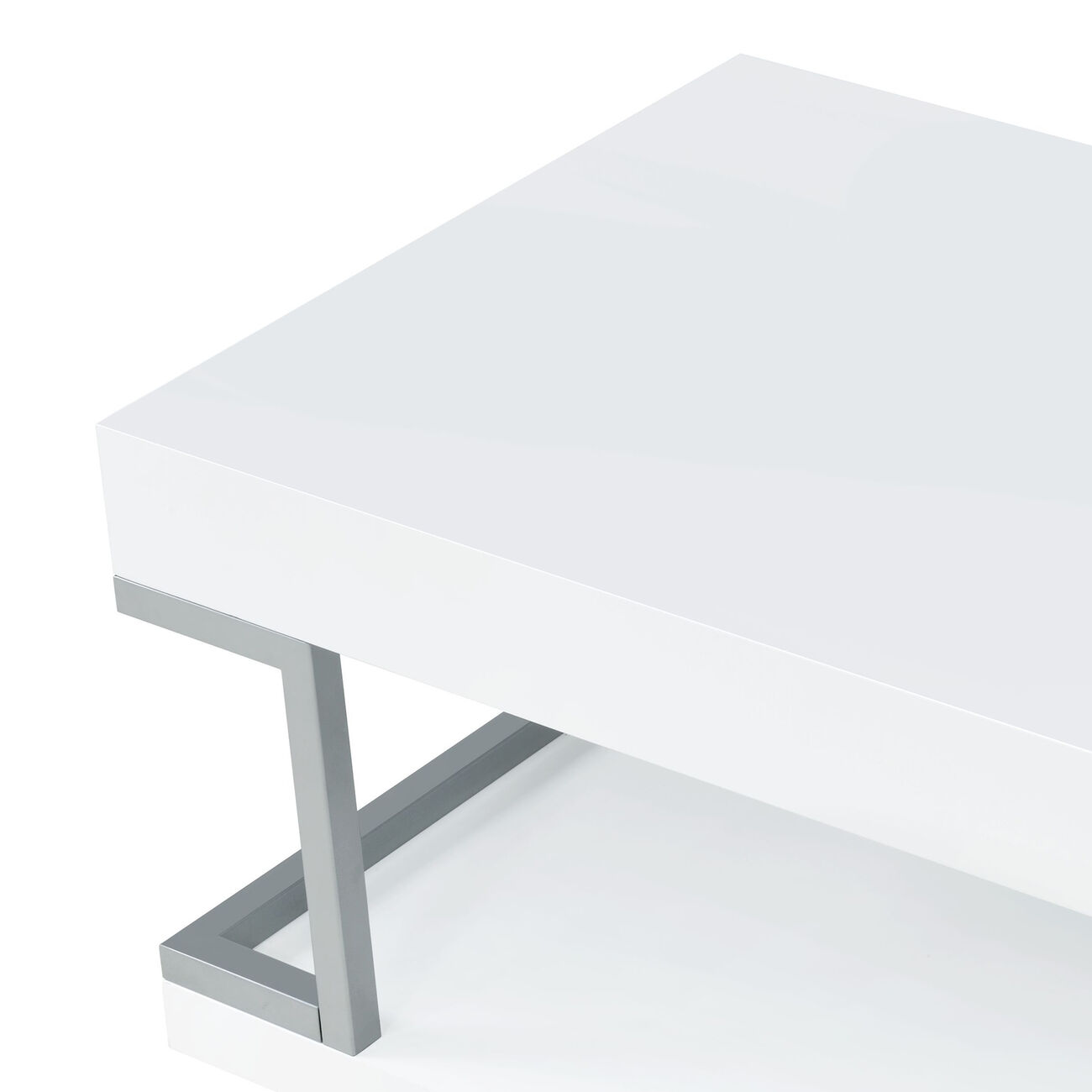 High Gloss Contemporary Coffee Table with Bottom Shelf, White and Silver