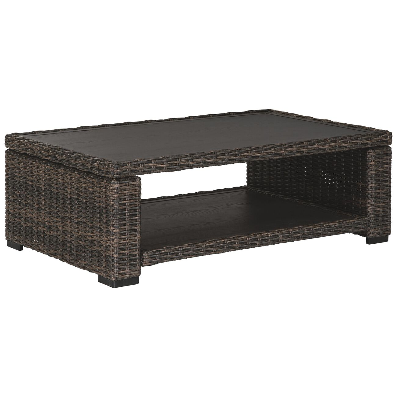 Wicker Woven Aluminum Frame Cocktail Table with Open Shelf, Brown and Black