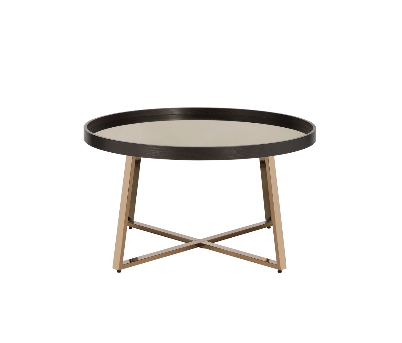 Mirror Top Coffee Table with Slanted Crossed Metal Legs, Black and Gold