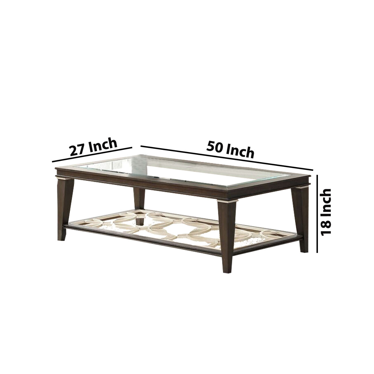 Rectangular Glass Top Coffee Table with Lattice design Bottom Shelf, Brown