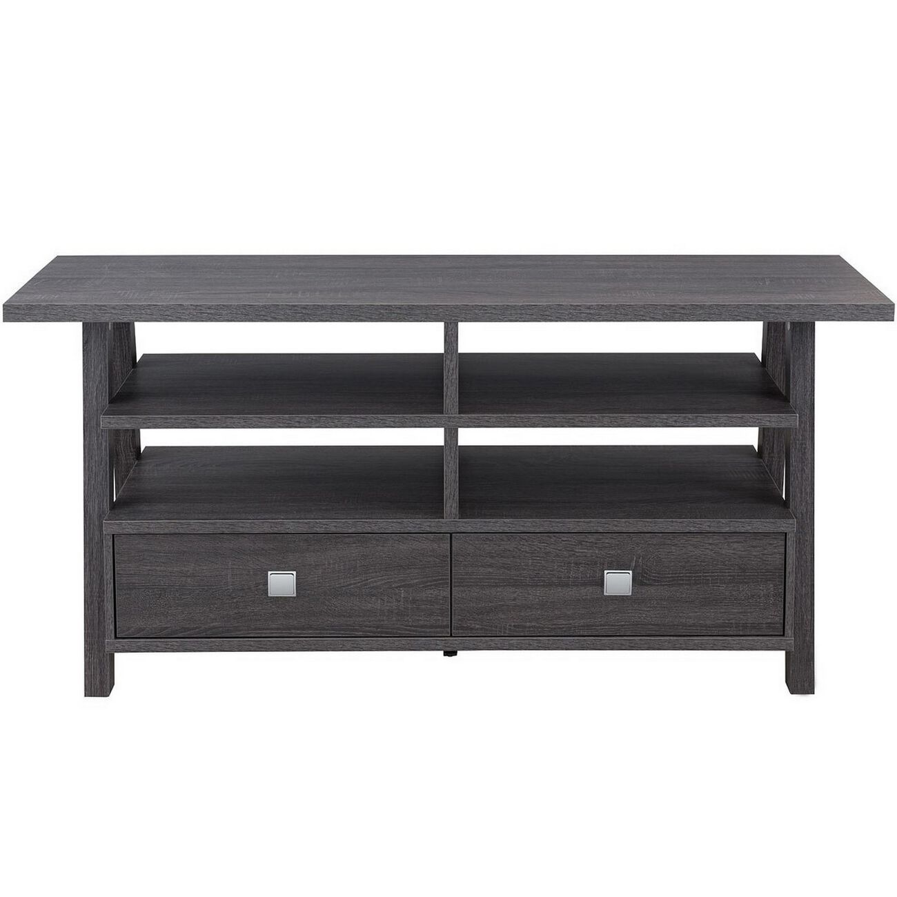 Transitional Wooden TV Stand with 4 Open Shelves and 2 Drawers, Gray