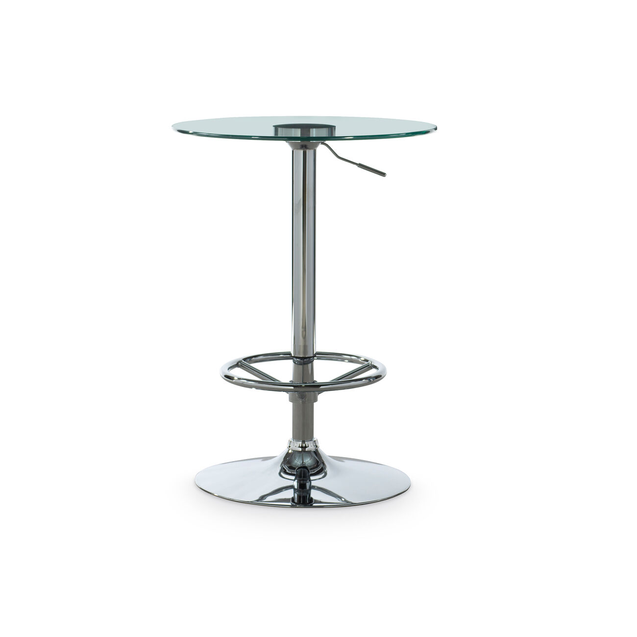 Round Glass Top Pub Table with Adjustable Height Mechanism, Silver