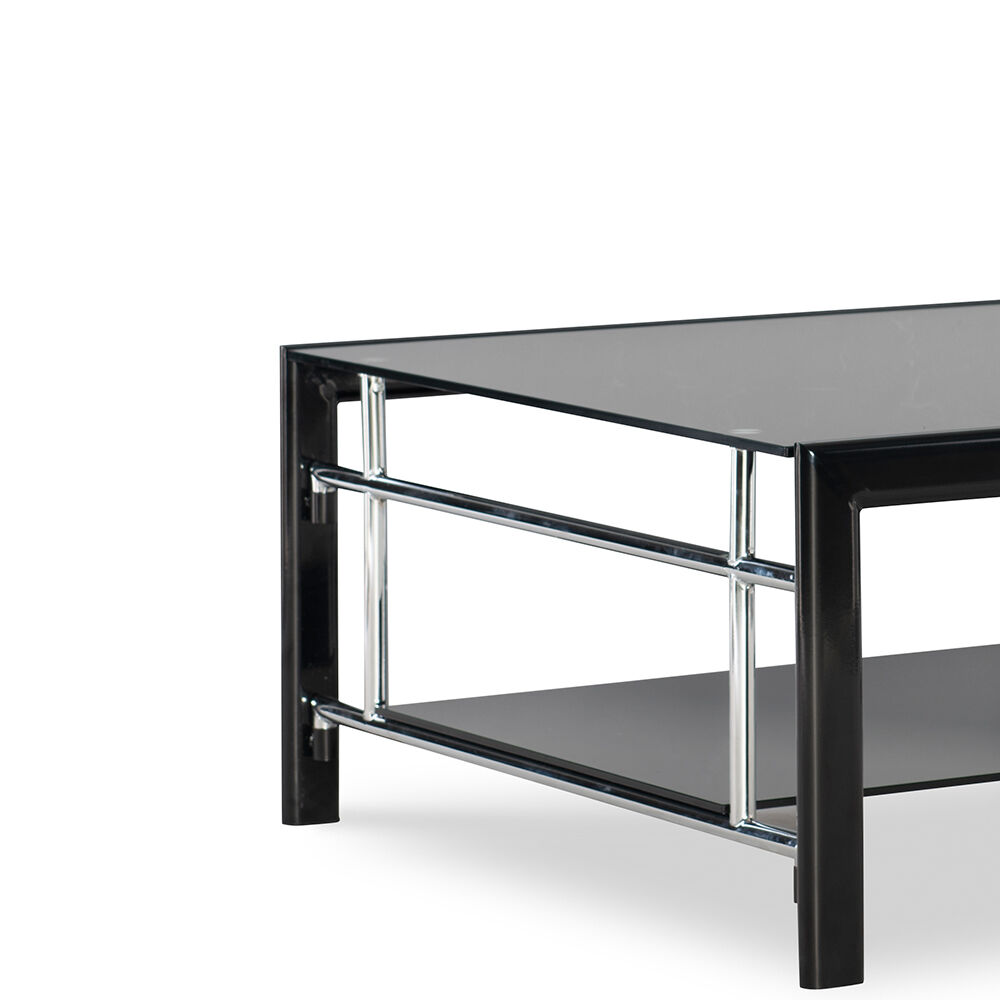 Glass Top Cocktail Table with Foldable Side Frames, Black and Silver