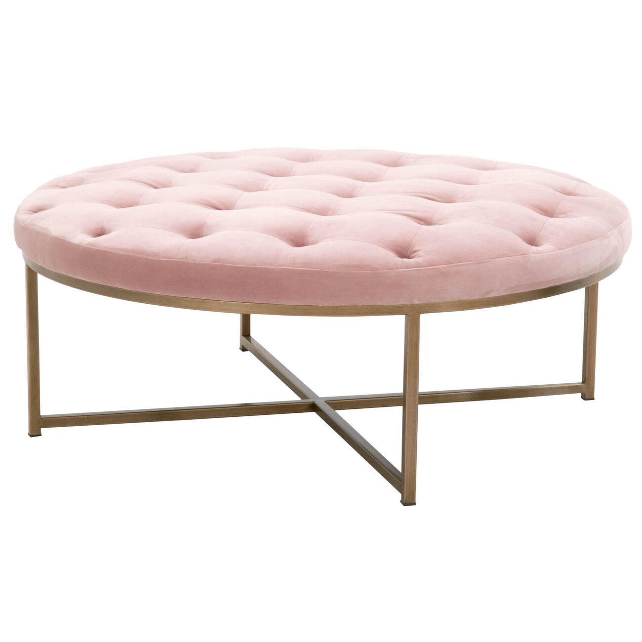Button Tufted Fabric Upholstered Coffee Table with Metal Base, Pink and Brass