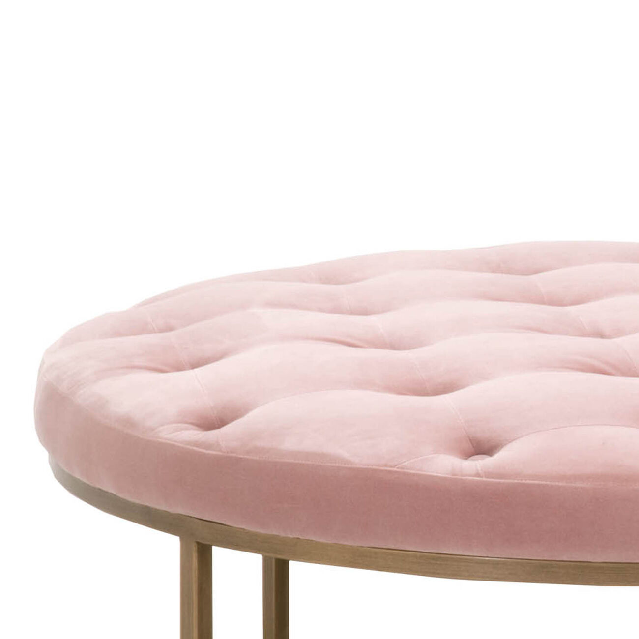 Button Tufted Fabric Upholstered Coffee Table with Metal Base, Pink and Brass