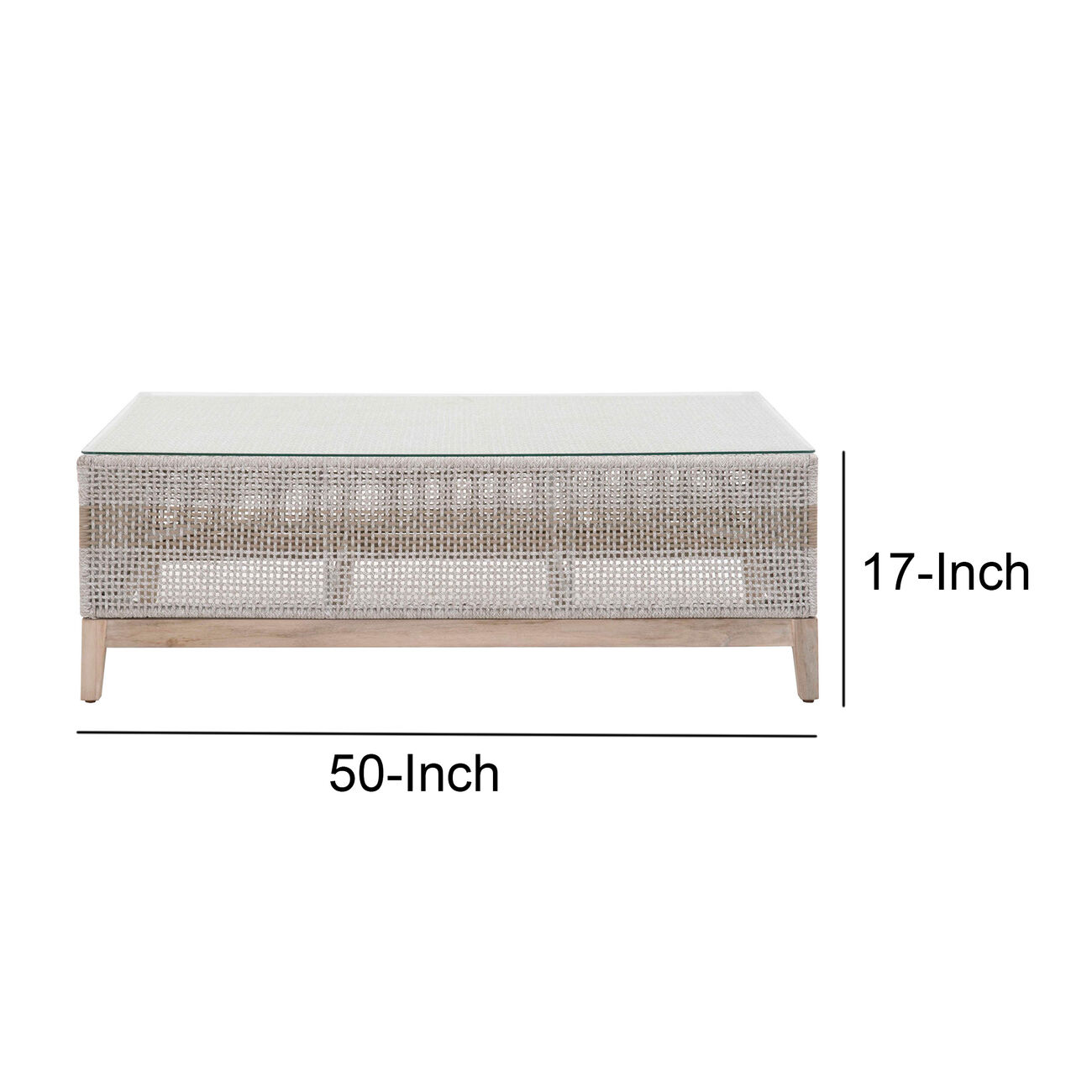 Interwoven Rope Wooden Coffee Table with Glass Top, Gray and Brown