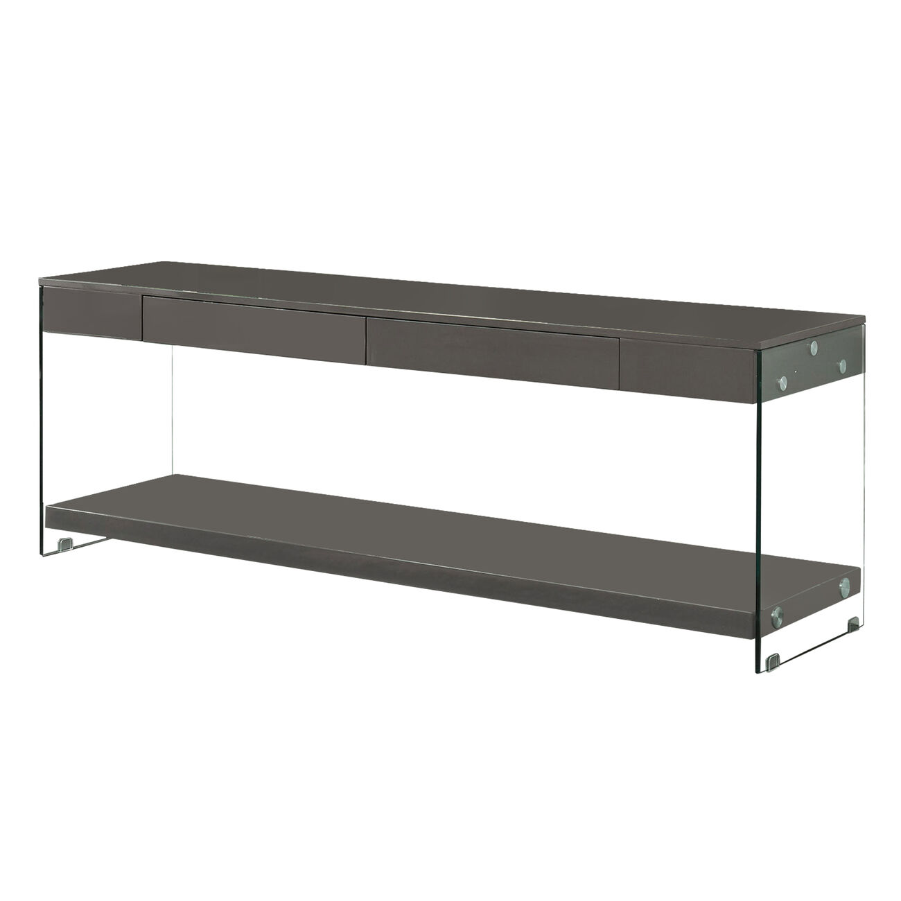 Contemporary Style Plastic TV Stand with Glass Side Panels, Gray