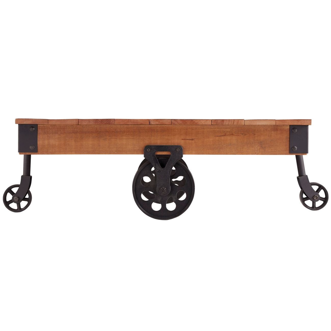 Plank Style Wooden Cocktail Table with Casters, Brown and Black