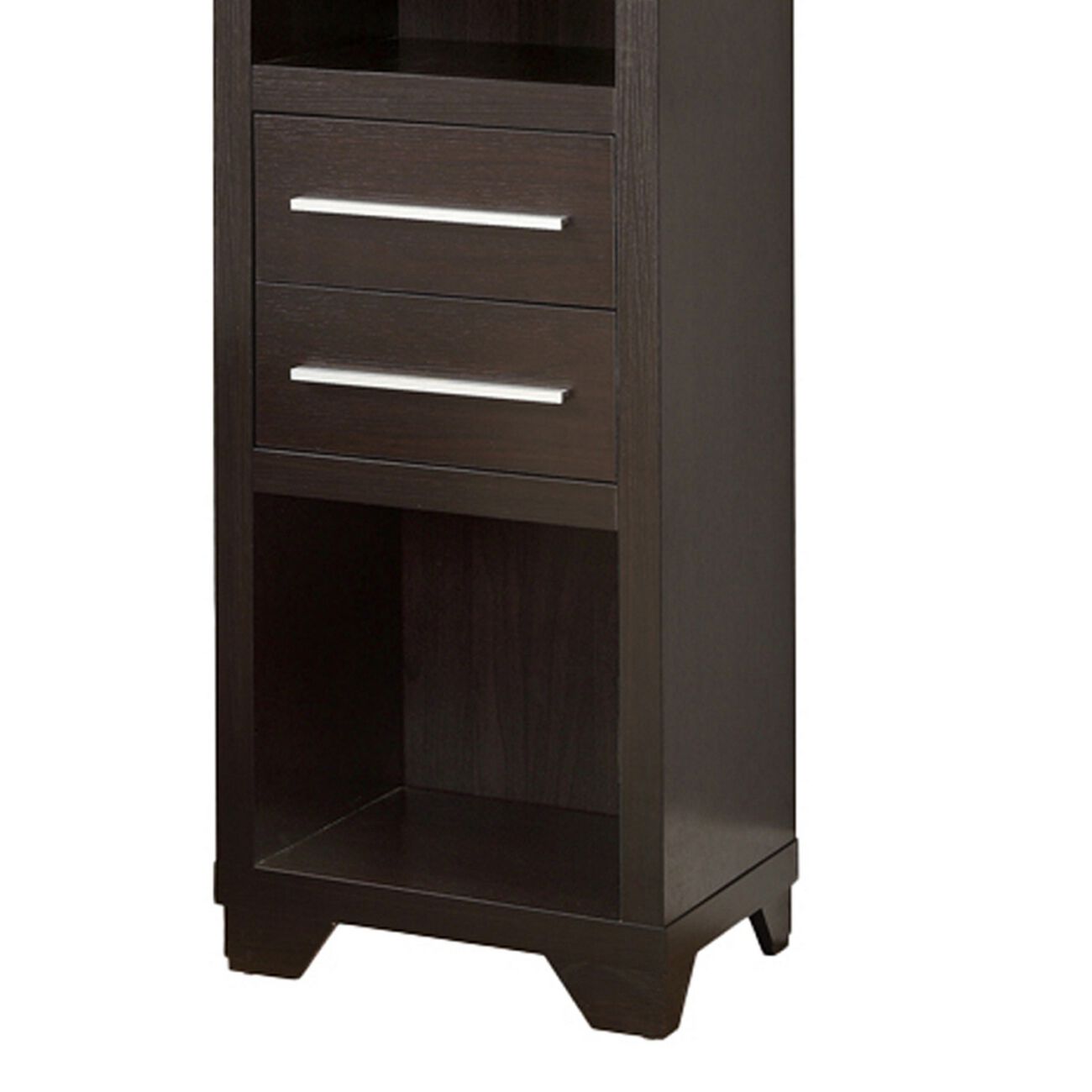 3 Open Compartment Wooden Media Tower with 2 Drawers, Dark Brown