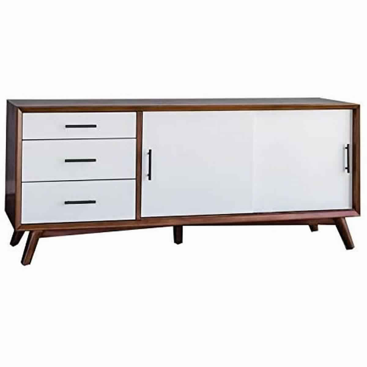 Wooden TV Console with 3 Drawers and 2 Rolling Doors, Brown and White