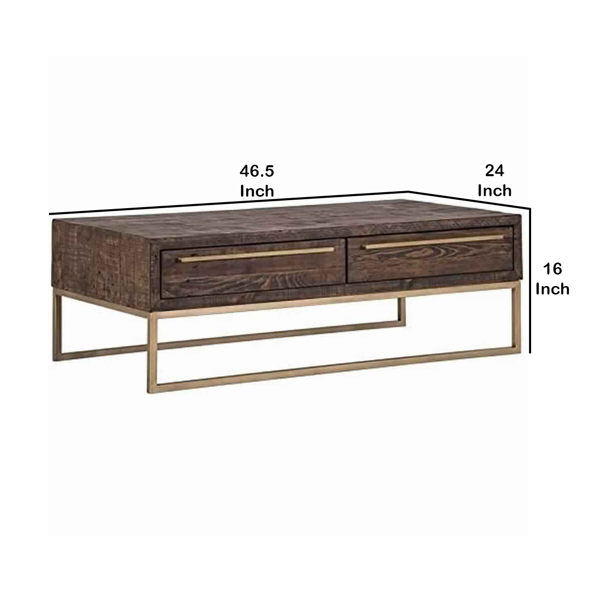 Wooden Coffee Table with 2 Storage Drawers and Metal Base, Brown and Gold