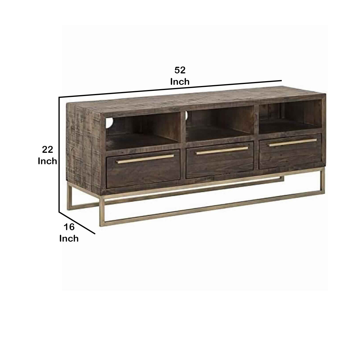 3 Drawer TV Console with Sled Base and 3 Open Compartments, Brown and Gold