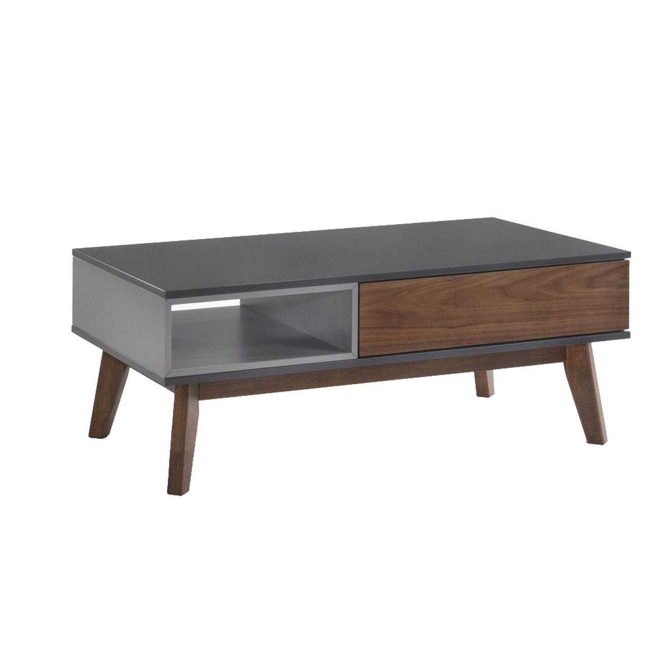 1 Drawer Wooden Coffee Table with Open Compartment, Brown and Gray
