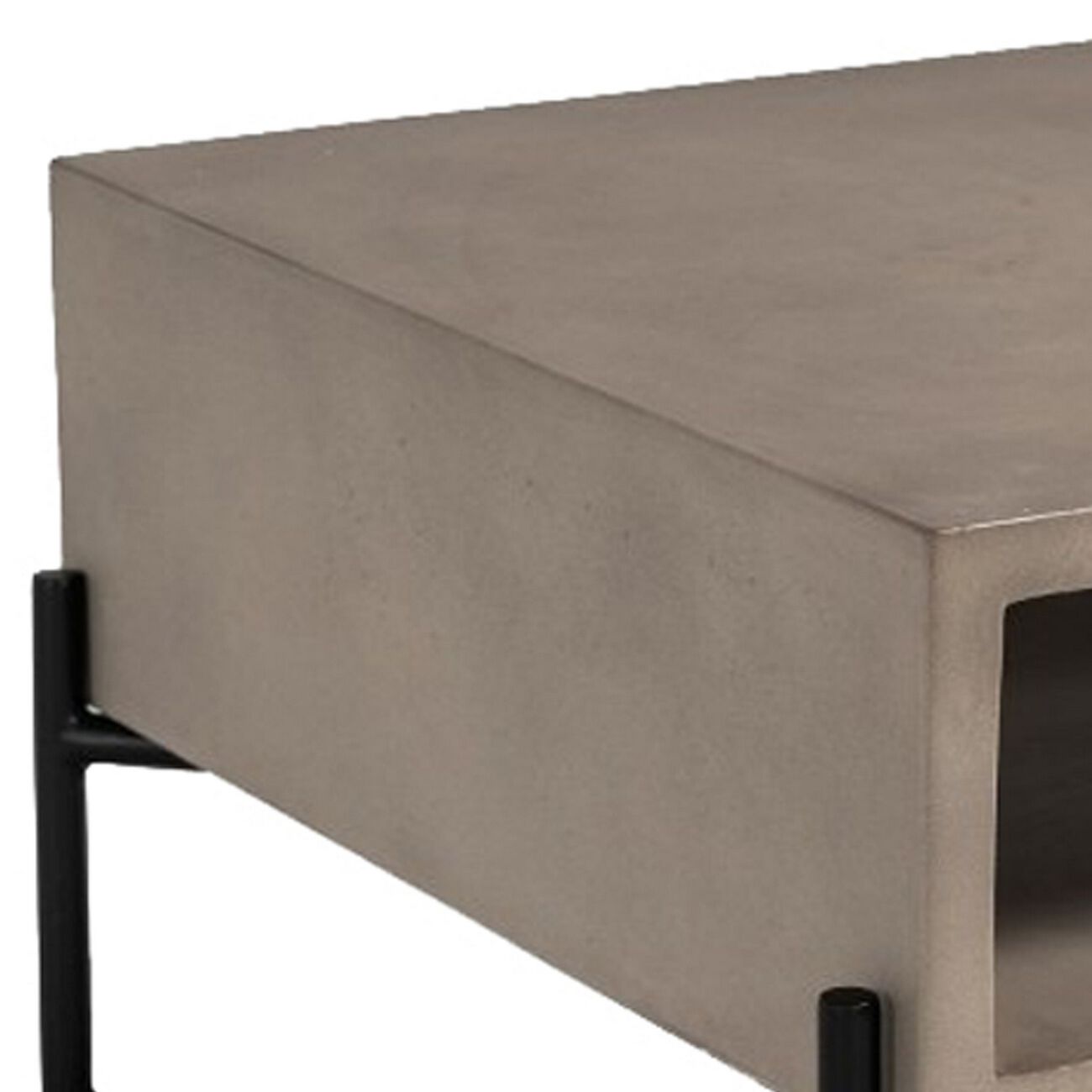 Concrete Coffee Table with Metal Frame and Open Compartment, Gray and Black