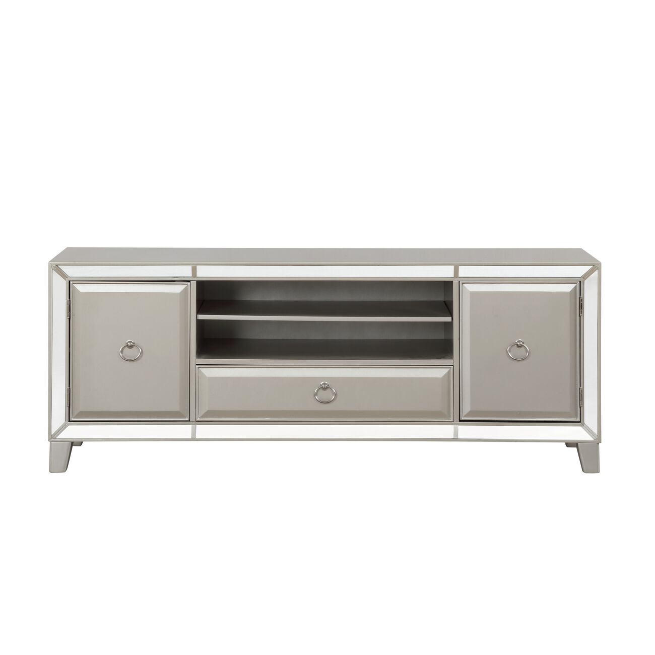 Contemporary Wooden TV Stand with Ring Pulls and Mirror Trim Inlay, Silver