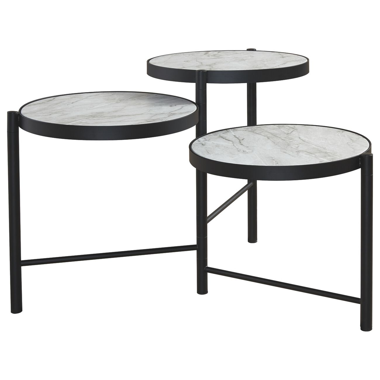 Round 3 Tier Metal Cocktail Table with Marble Top, White and Black