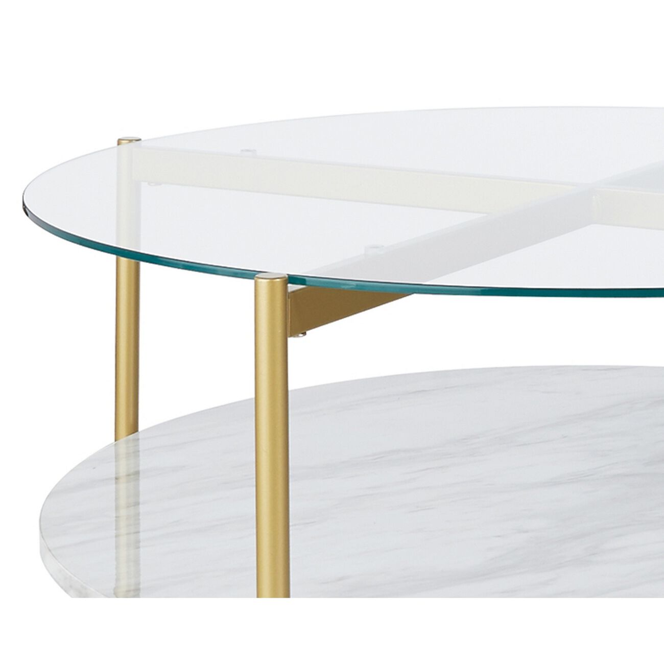 Glass Top Cocktail Table with Faux Marble Bottom Shelf, Clear and Gold